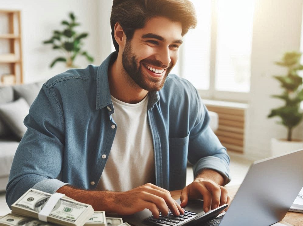 This image shows a man smiling and working on his laptop next to wads of money