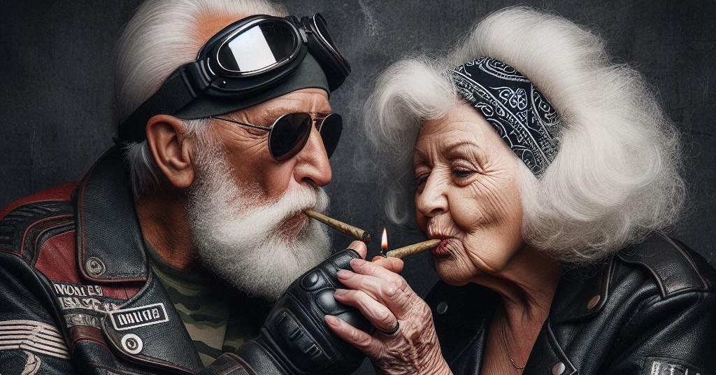 Image of an elderly couple smoking marijuana