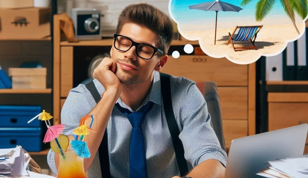 Young man working in office and dreaming of retirement