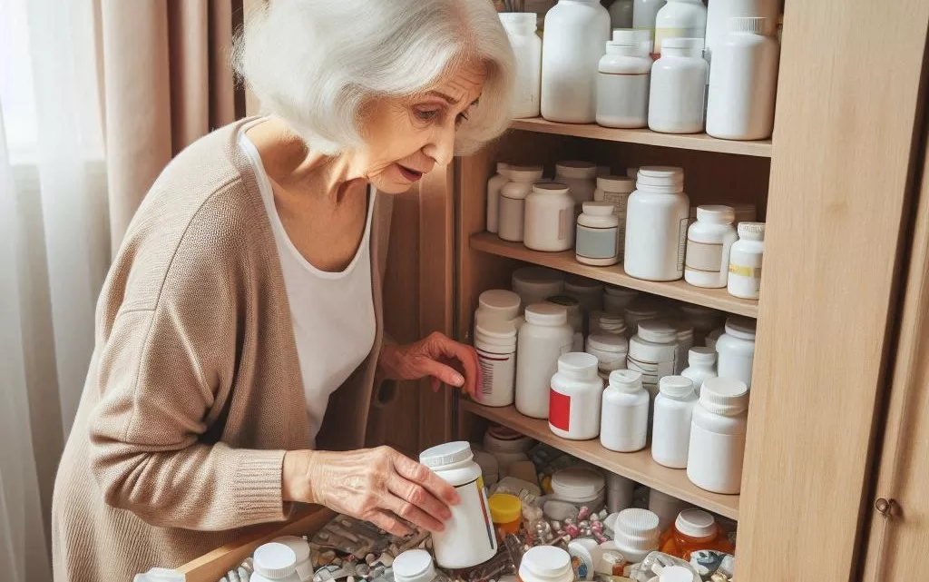 an older woman with white hair inspecting the contents of her medicine cupboard