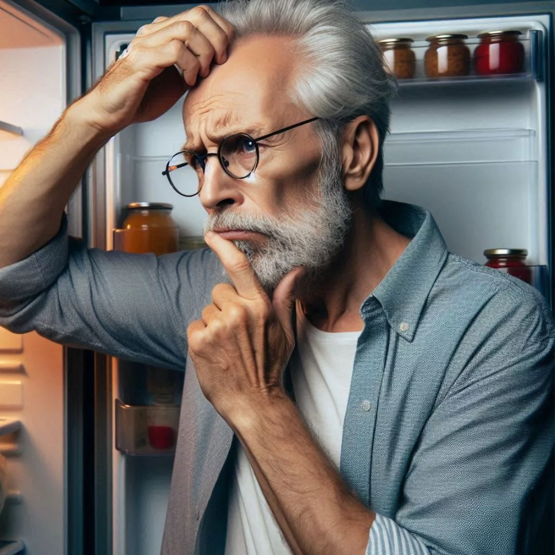 An image of an older man with a puzzled facial expression peering into his fridge and temporarily forgetting what he was looking for