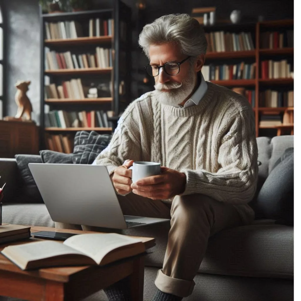 Image of a man, coffee in hand, in his living room working on his laptop