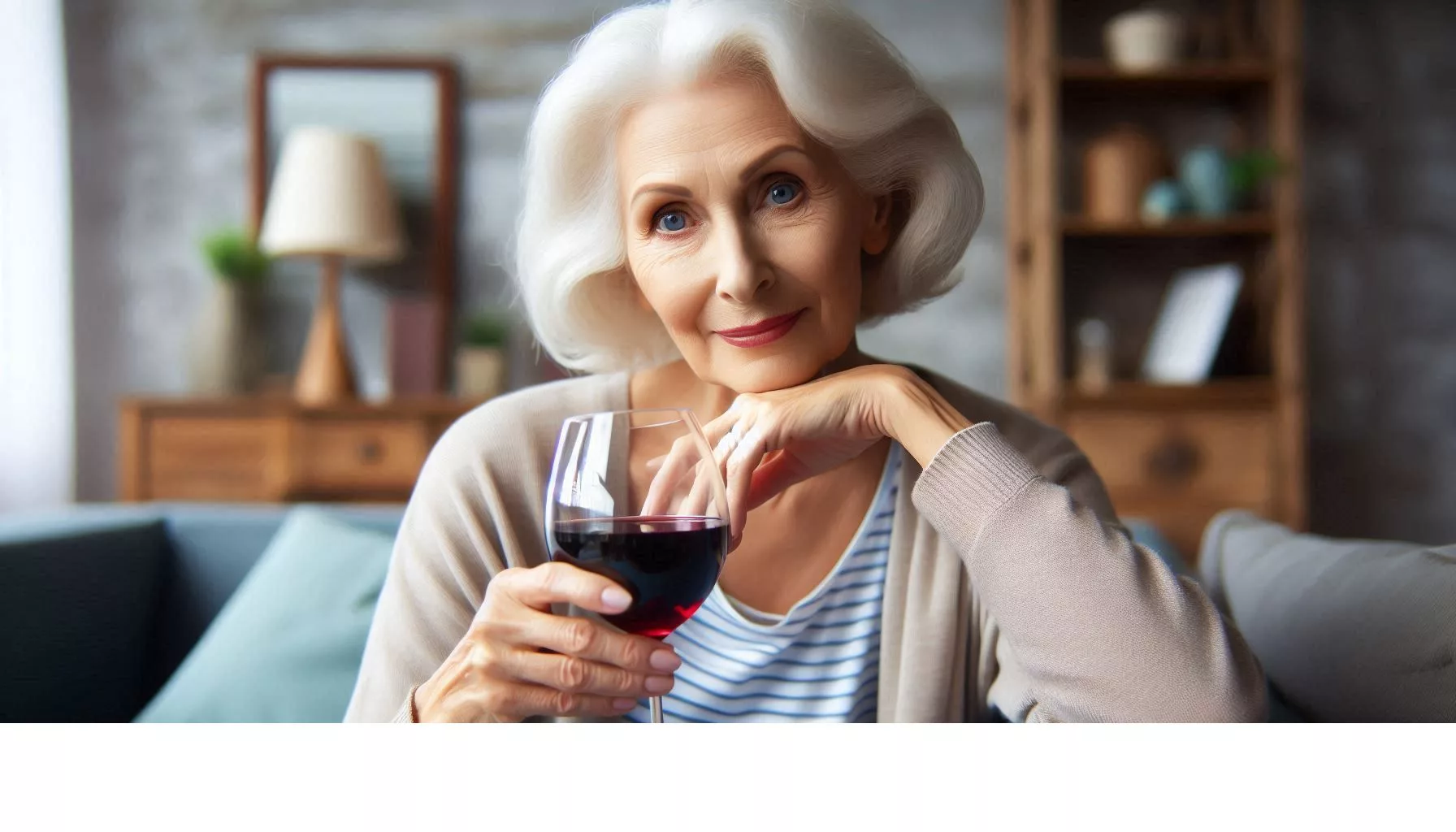 Older lady at home drinking red wine